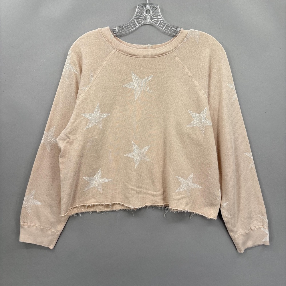 Monrow Sweater Womens XS Crewneck Pullover Pink Star Print Distressed Hem USA